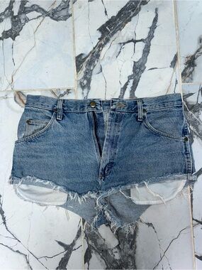 Wrangler Distressed Blue Denim Cutoff Booty Shorts Size 32 Waist